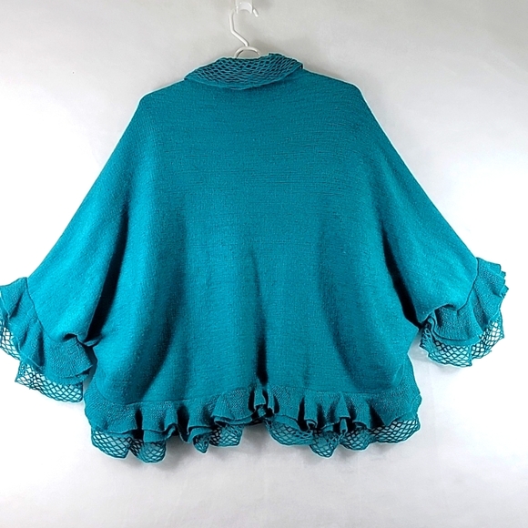 Donna Diosa Teal Layered Ruffle Knit Batwing Cardigan Sweater Size OS - Picture 8 of 8
